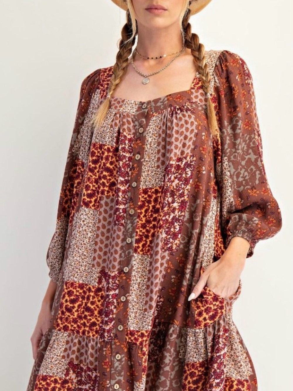 Easel Los Angeles Patchwork Boho Long Sleeve Dress NWT - Picture 3 of 6